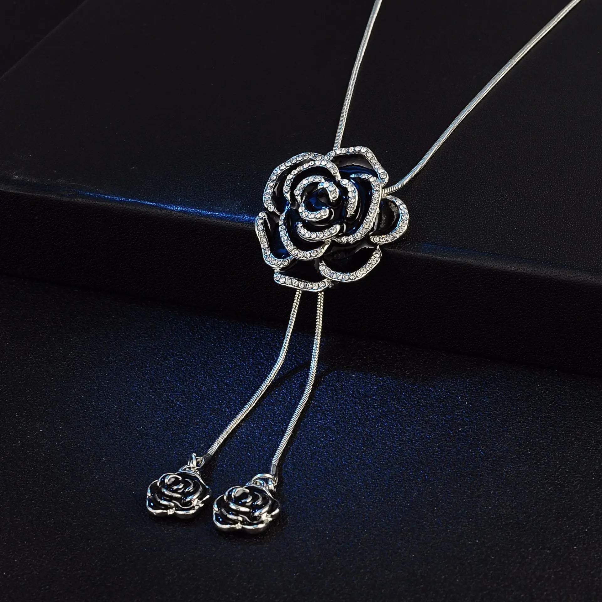 Women's Fashion Black Rose Long Necklace for Travel and Party Accessories