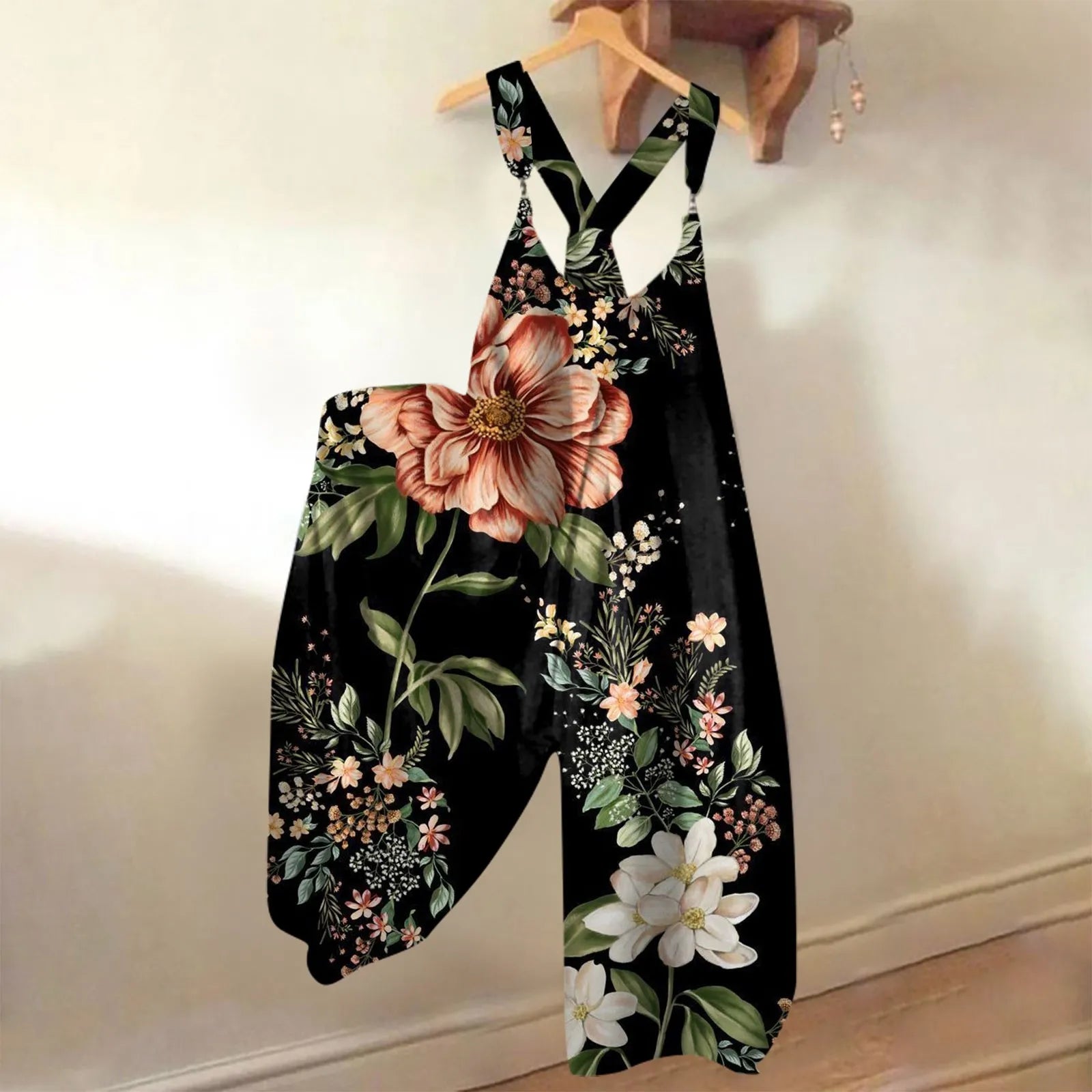 Wide Leg Sleeveless Overalls for Women Casual Loose Fit Jumpsuit with Retro Print Metal Buttons Long Pants Romper with Functional Pockets