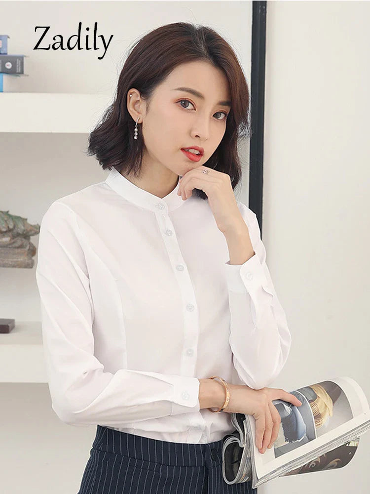 Women's Long Sleeve White Basic Shirt Blouse Stand Neck Tunic Button Up Office Work Top All Season