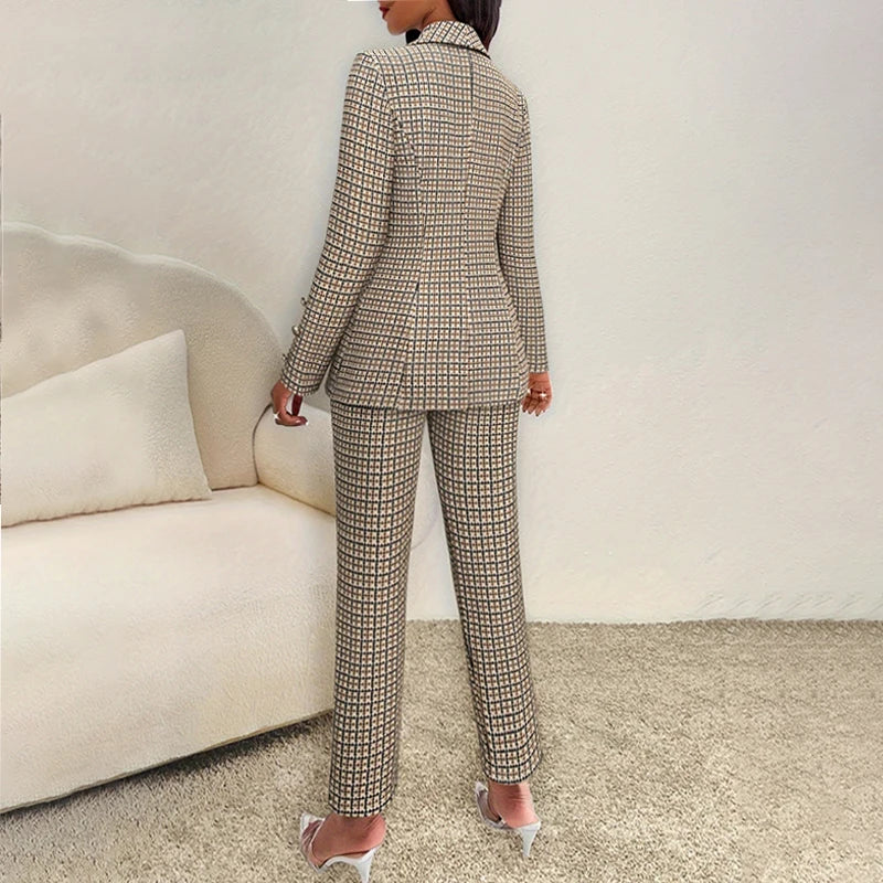 Women Elegant Plaid Waistcoat Pant Set Double Breasted Blazer with Long Sleeve Top and High Waist Slim Pants for Office Wear