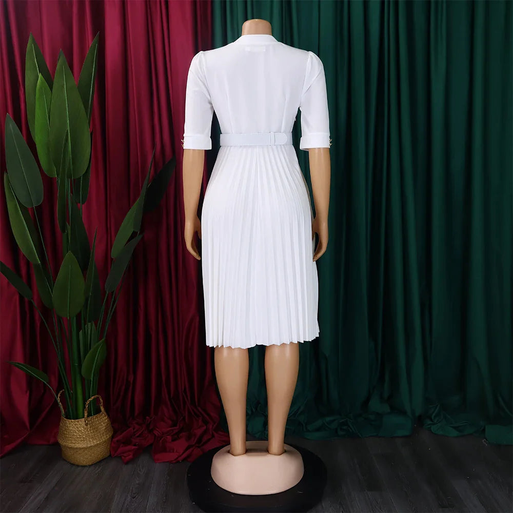 Elegant Pleated Dress for Women Formal Half Sleeve Belted