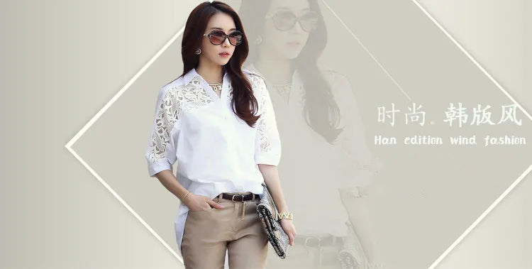 Sexy White Lace Patchwork Chiffon Button-Up Shirt for Women Casual Loose Half Sleeve Blouse Summer Top