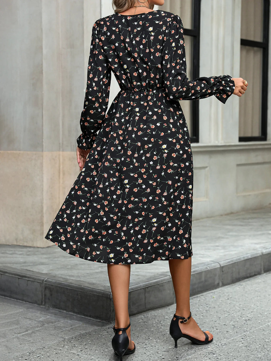 Floral V Neck Long Sleeve A Line Dress With Waistband