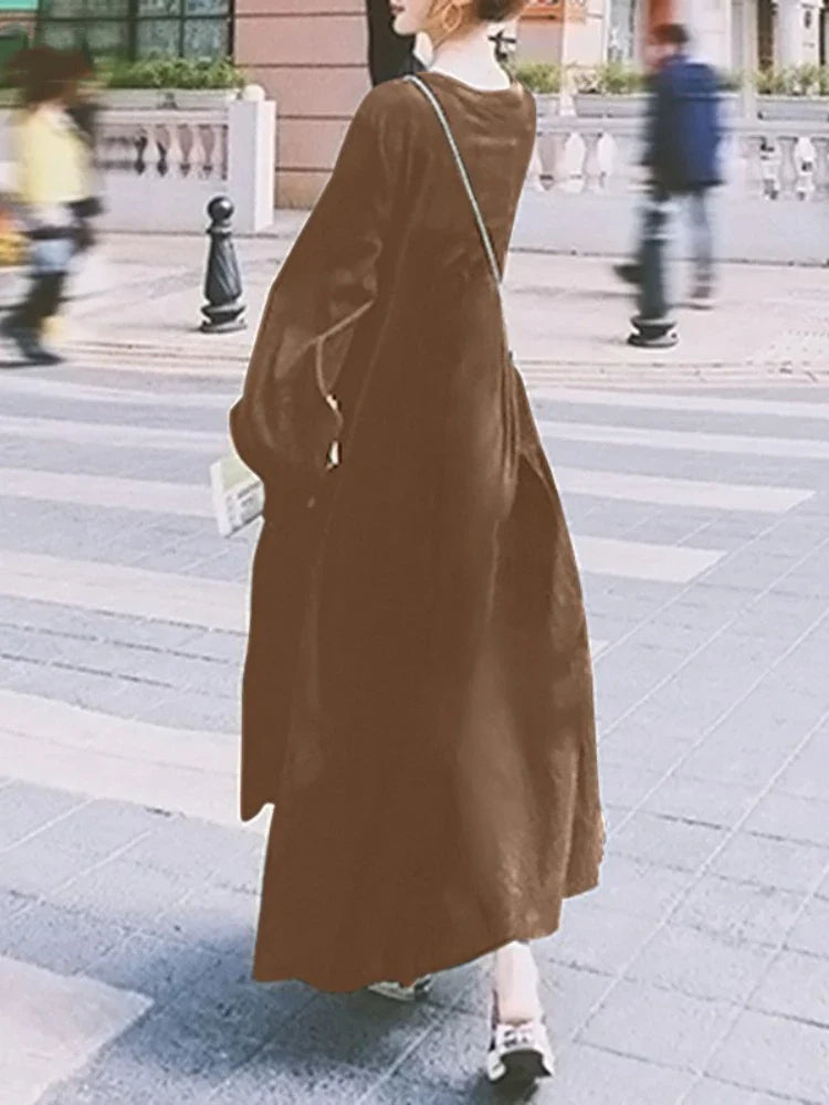 Womens Long Sleeve Swing Dress Cotton Hemp Casual Elegant