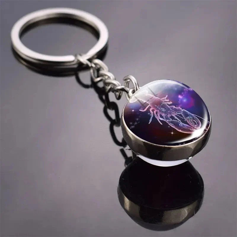 Luminous Zodiac Key Chain Double Sided Glass Ball Pendant for Men and Women Birthday Gift