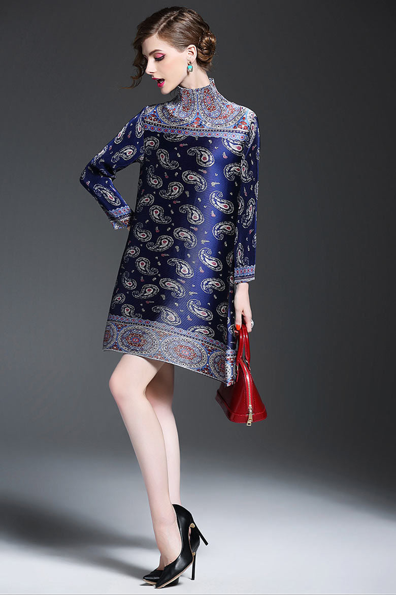 Retro Pleated High Neck Plus Size Dress For Women Casual