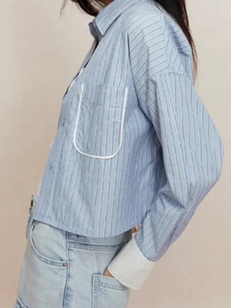 Women's Casual Striped Long Sleeve Short Shirt Simple Versatile Fashion Top