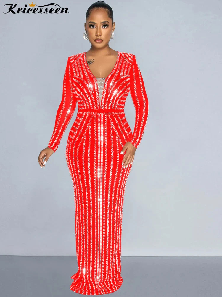 Red Rhinestone Evening Gown Long One Piece Dress Glam Party