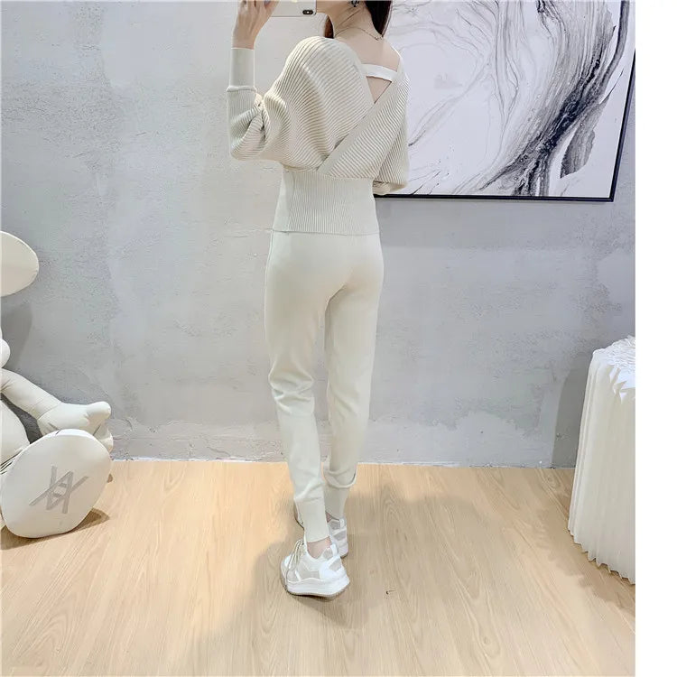 Elegant Sexy Two Piece Tracksuit for Women Ribbed Knitted Backless Crop Top and Long Harem Pants Autumn Lounge Set