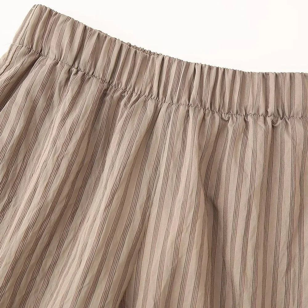 Women's Casual Striped Shirt and Elastic Waist Wide Leg Pants Relaxing Set