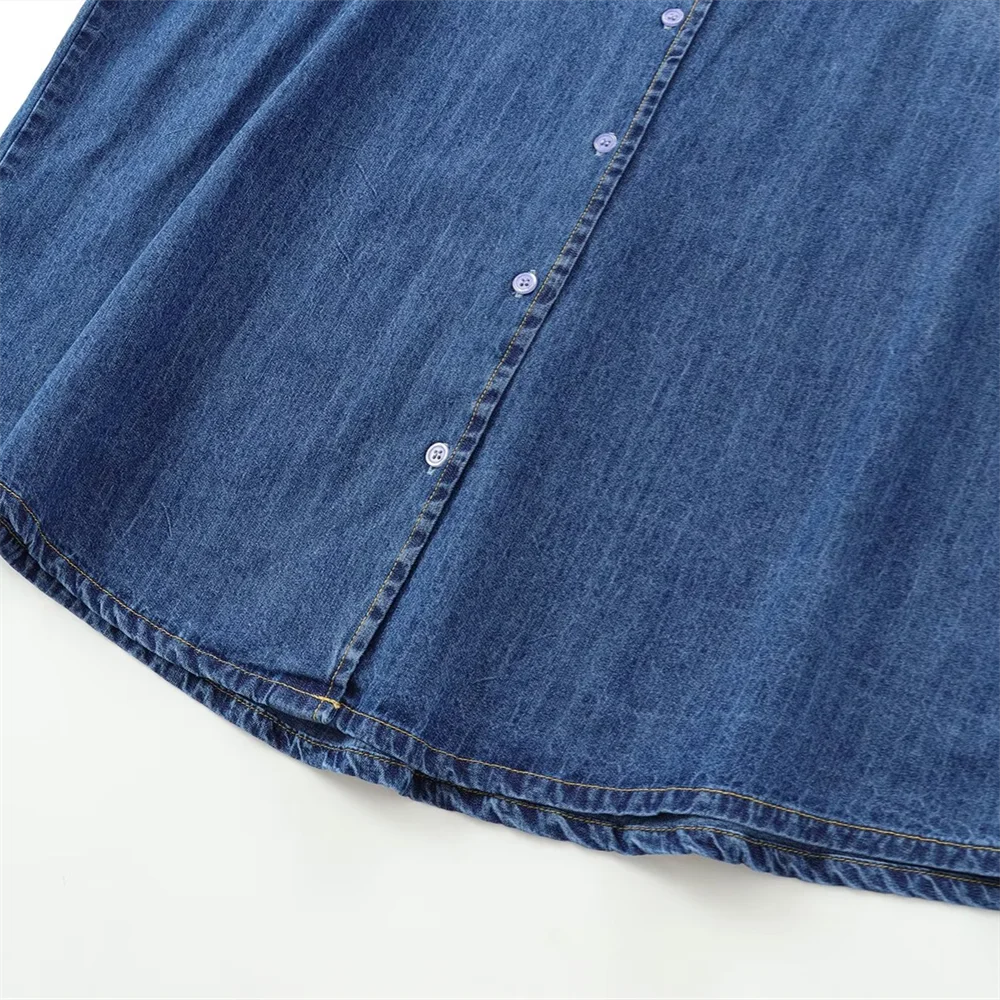 Women's Long Sleeve Cotton Cowboy Shirt with Round Collar Casual Versatile Autumn Top