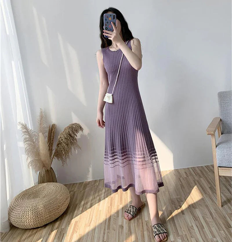 Striped Midi Dress Mesh Korean Patchwork Spaghetti Strap