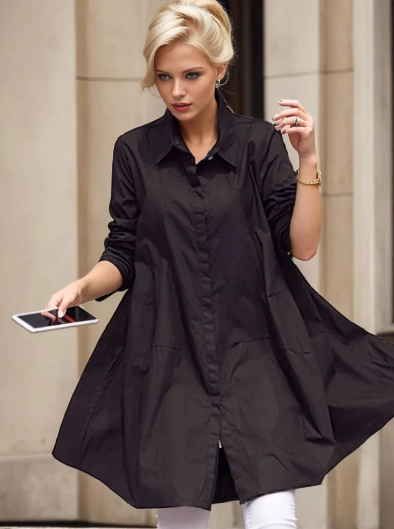 White Casual Loose Blouse for Women Mid Length Long Sleeve Autumn Winter Top Soft Comfortable Korean Fashion