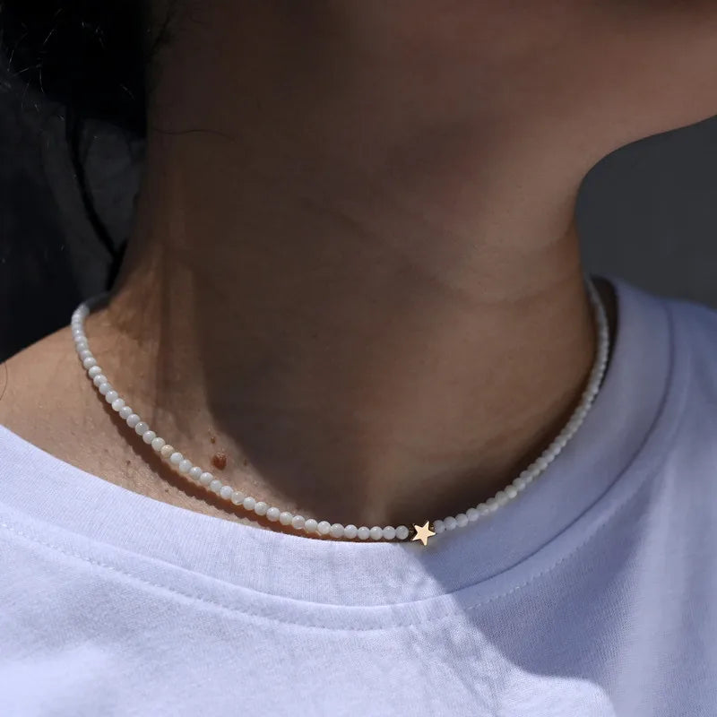 Natural Shell Beads Heart Choker Necklace for Women with Stainless Steel and Copper Star
