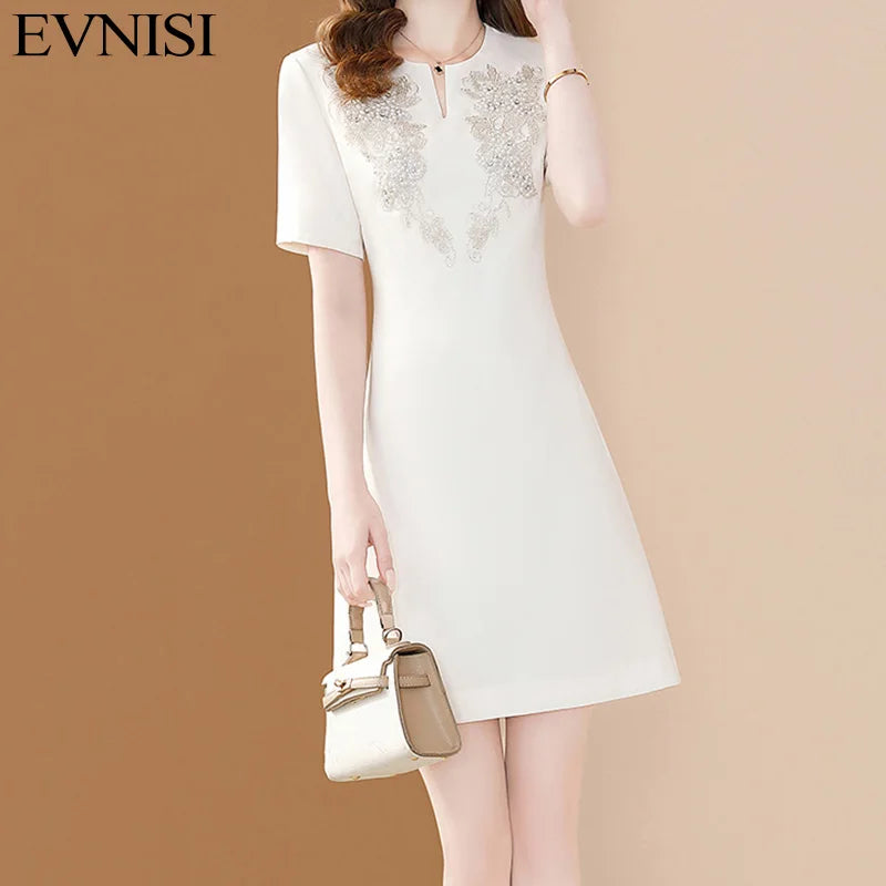 White Floral Embroidery A-Line Dress Short Sleeve Chic