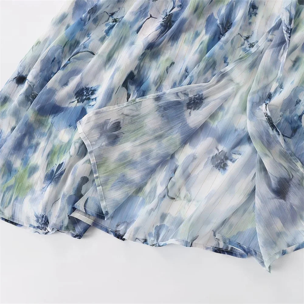 V Neck Printed Dress With Metal Line Open Waist Silhouette