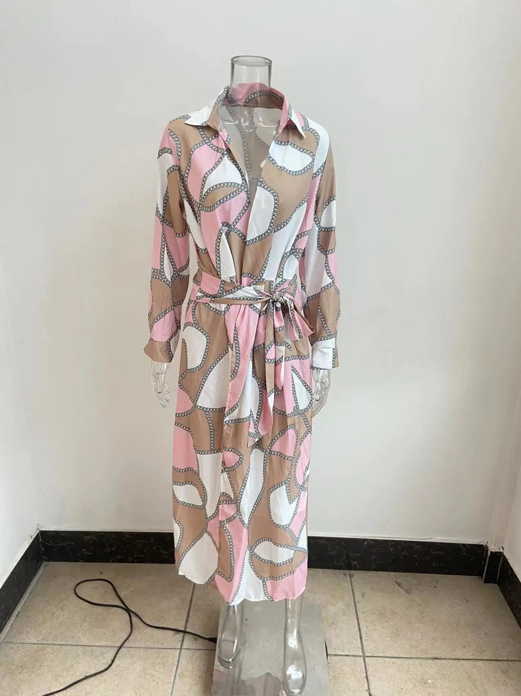 Printed Striped Shirt Collar Midi Dress For Women Everyday