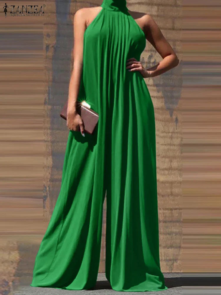 Elegant Sleeveless Wide Leg Jumpsuit for Women Party Casual Holiday Maxi Romper with Stand Collar and Back Button Closure