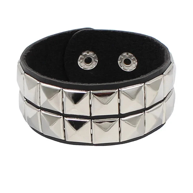 PU Leather Studded Gothic Cuff Bracelet Adjustable Punk Rivet Wristband for Men and Women