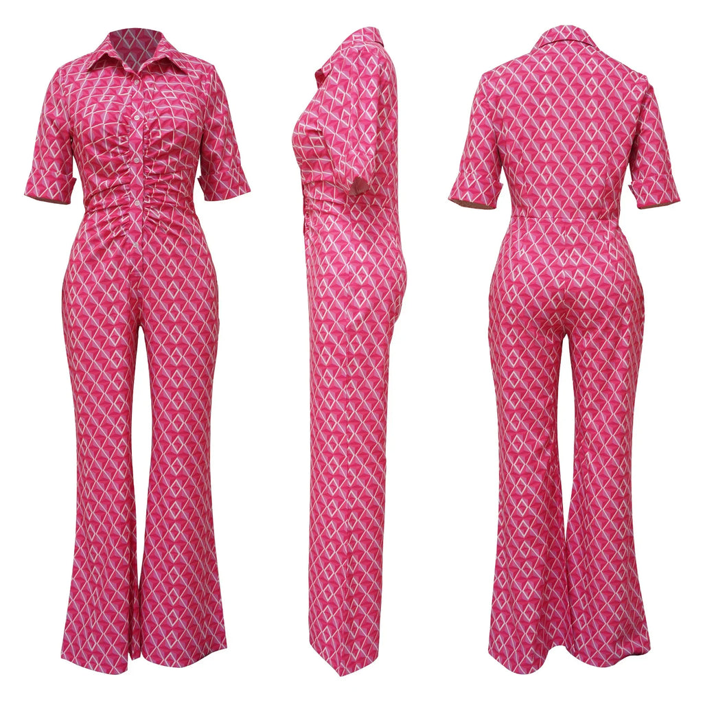 Elegant Chic Printed Women One Piece Slim Fit V Neck Long Sleeve Wrap Waist Jumpsuit Office Fashion Outfit