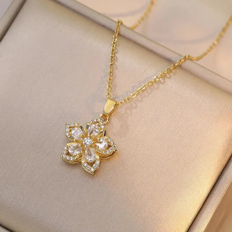 Gold Color Zircon Flower Pendant Necklace for Women Elegant Party Jewelry Gifts