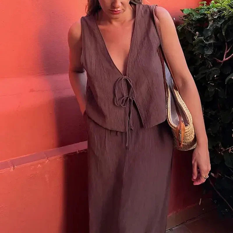 Tied Sleeveless Vest Top and High Waist Midi Skirt Two Piece Set Women's Summer Waistcoat Long Skirt Outfit
