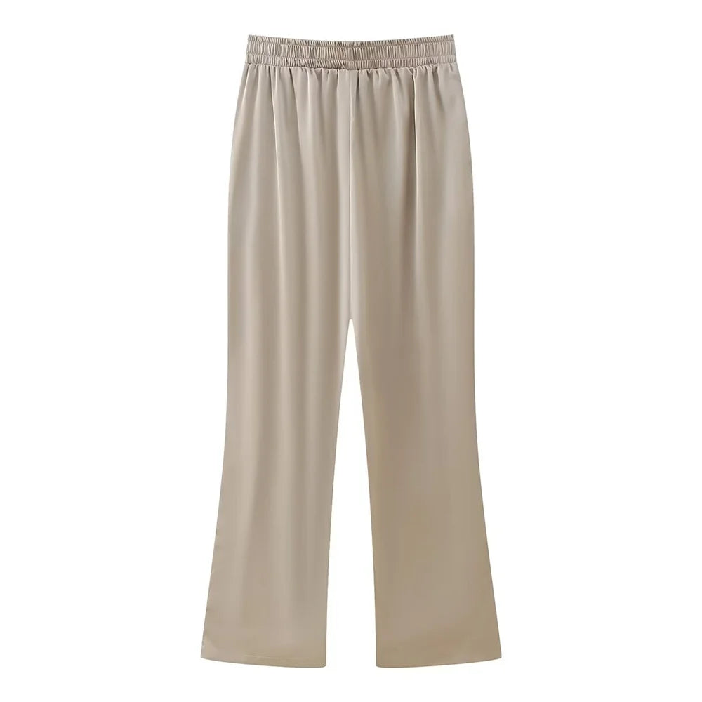 Women's Satin Texture Sequin Embroidered Shirt and High Waist Long Pants Set