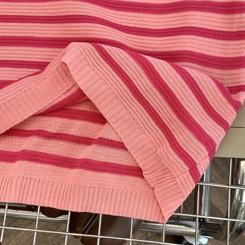 Summer Knit Bodycon Dress O Neck Short Sleeve Stripe Print