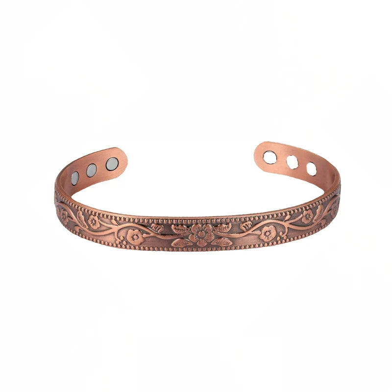 Adjustable Magnetic Bracelet Set with Retro Flower Design in Ancient Red Copper for Men and Women