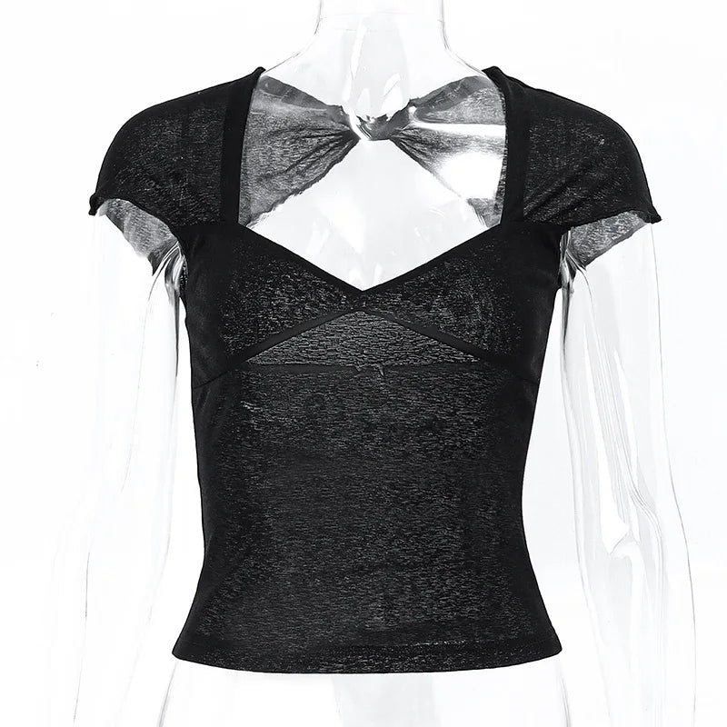 Square Collar Backless Crop Top for Women Short Sleeve Elegant Streetwear Tees