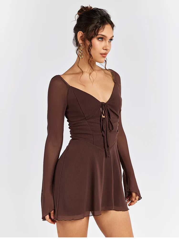 Sexy Hollow Out Bandage Mini Dress With Full Sleeves