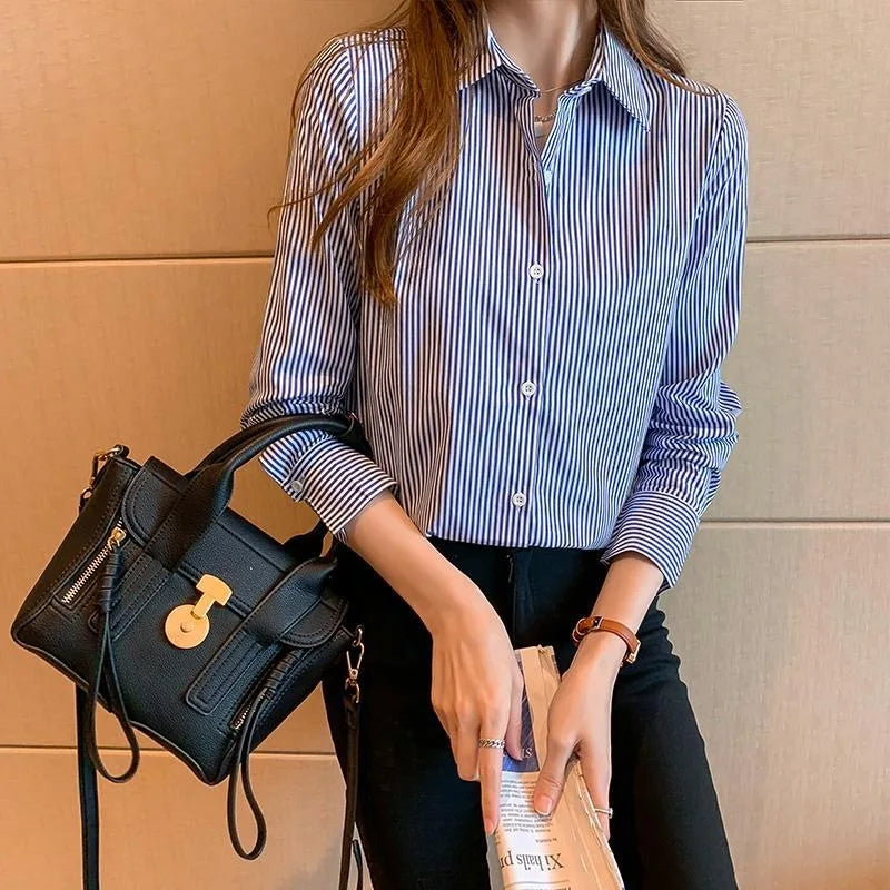 Women's Casual Long Sleeve Blouse Blue Striped Turn-Down Collar Lightweight Shirt for Spring and Summer