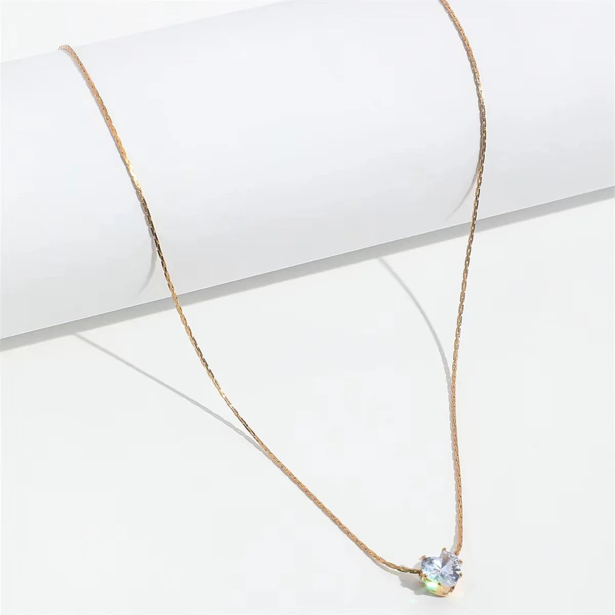Dainty Minimalist Zircon Charm Necklace with Anti Tarnish Stainless Steel Chain and Round Clear CZ Stone