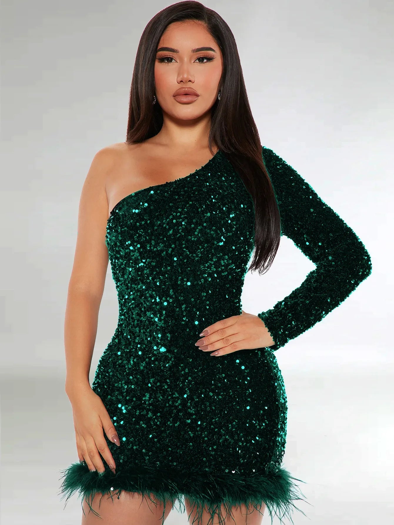 Elegant Off Shoulder Sequin Party Dress Long Sleeve