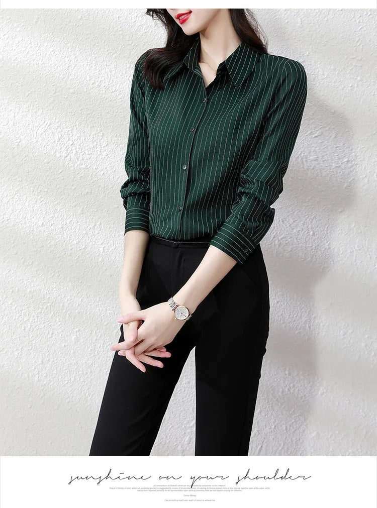 Striped Long Sleeve Women Shirt Button Up Blouse Lightweight Chiffon Tops Elegant Casual Office Wear
