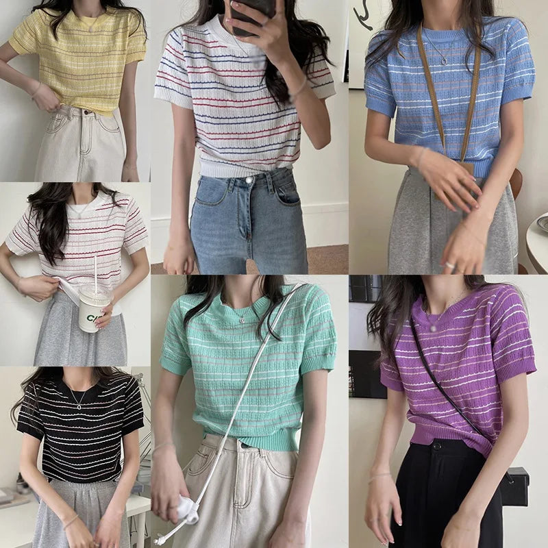 Summer Striped Women's Knitted Crop Top Casual O-Neck Short Sleeve T-Shirt Preppy Style Tees