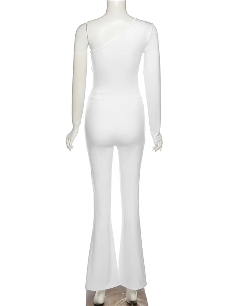 Mesh Patchwork One Sleeve Jumpsuit for Women Hipster Incline Shoulder Sheath Flare Overalls Autumn Streetwear