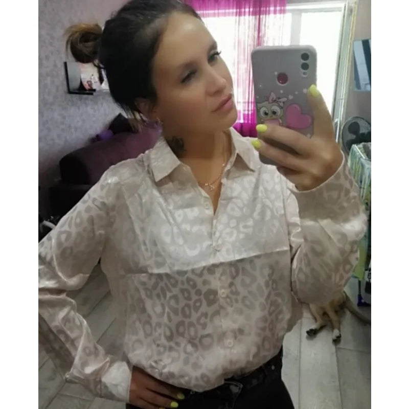 Elegant Long Sleeve Leopard Jacquard Blouse for Women with Turn Down Collar and Button Front Office Shirt Autumn Spring Fashion Top