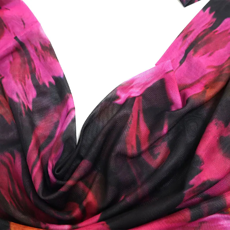 Red Halter Backless Dress Women Slim Streetwear Print