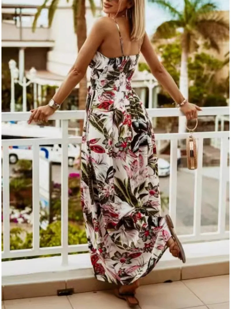 Bohemian Floral Chiffon Summer Dress With V Neckline