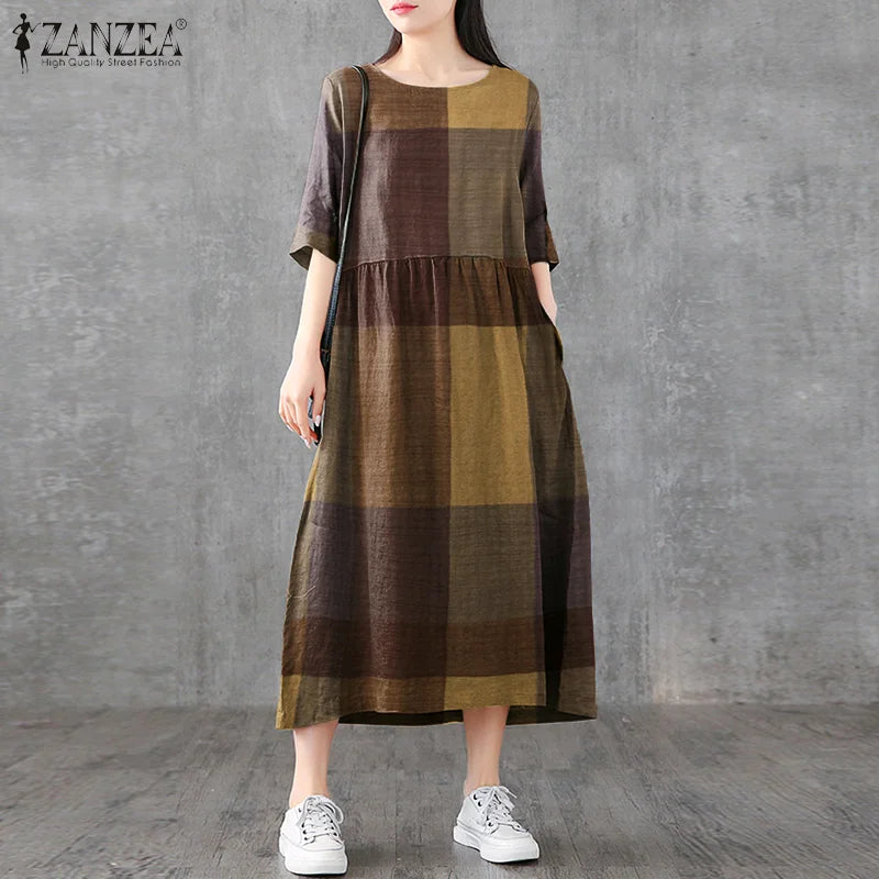 Cotton Linen Plaid Midi Sundress With Pockets O Neck