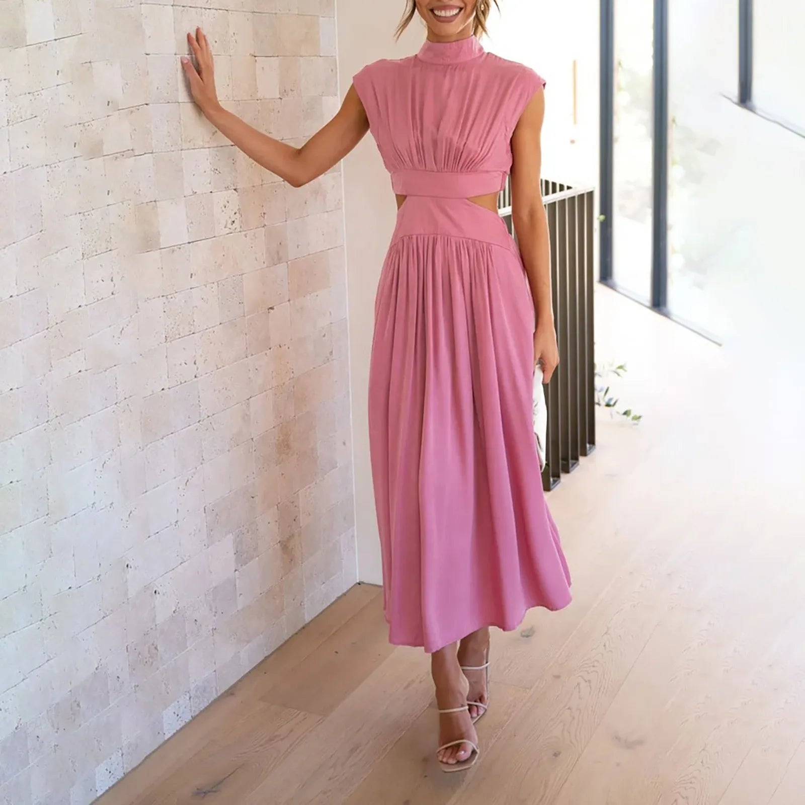 Solid Color High Waist Maxi Dress Sleeveless With Pockets