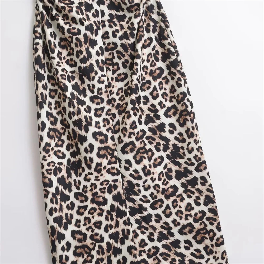 Leopard Print Sleeveless Midi Dress With Round Neck