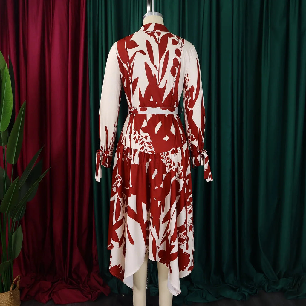 Printed Dress For Women Elegant Turn Collar Ankle Length