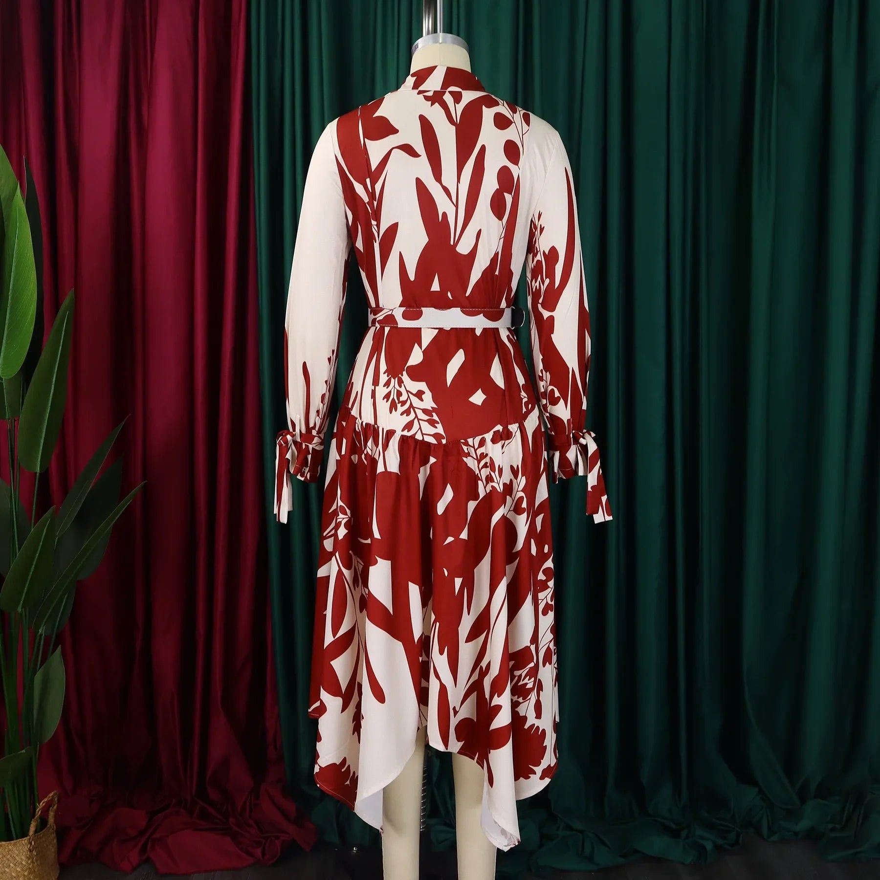 Printed Dress For Women Elegant Turn Collar Ankle Length