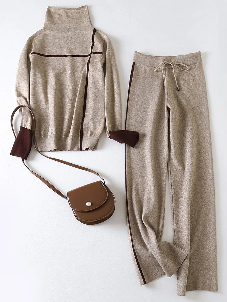 Cozy 2 Piece Knitted Sweater Set for Women Long Sleeve Pullover and Wide Leg Pants Warm Autumn Winter Knitwear Tracksuit