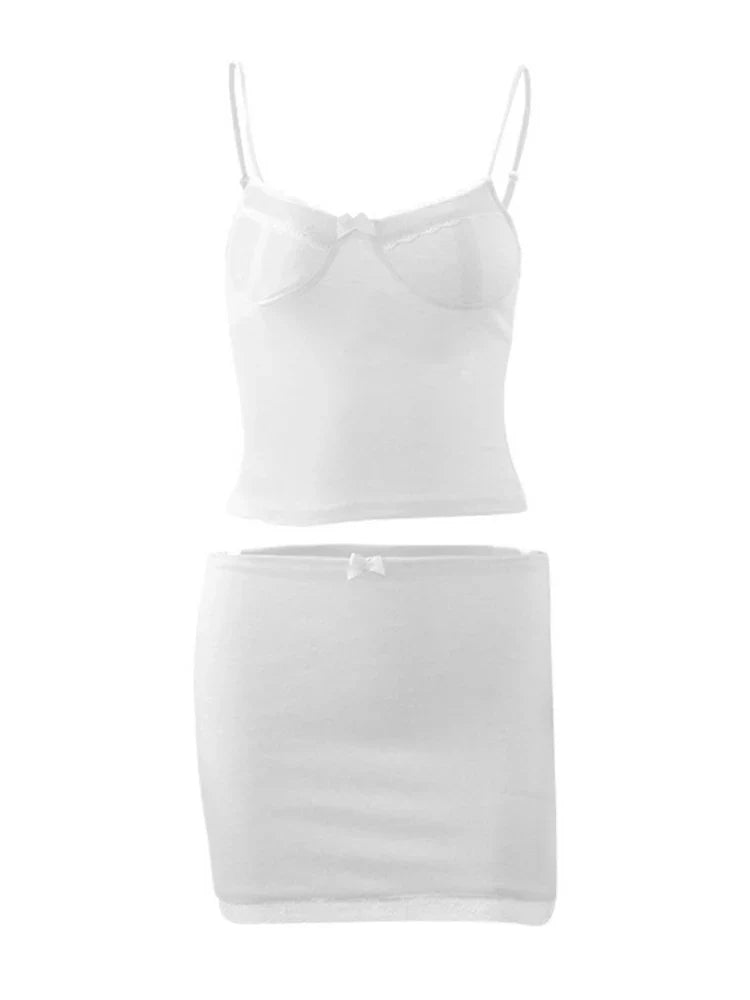 Summer Sexy Two Piece Set Women White Lace Sleeveless Crop Top and Slim Casual Skirt Backless Club Outfit