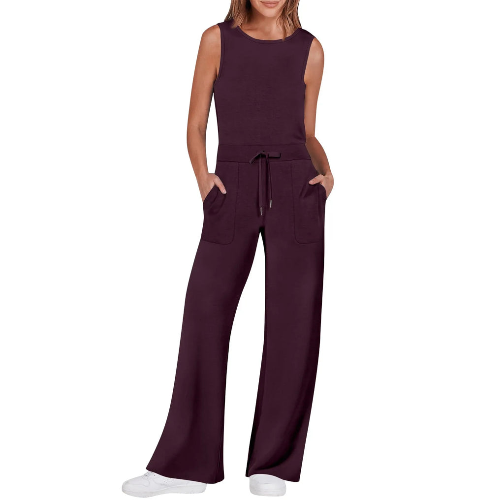 Women's Sleeveless Solid Color Casual Jumpsuit with Drawstring Waist Pockets Straight Leg Thin Commuting Outfit