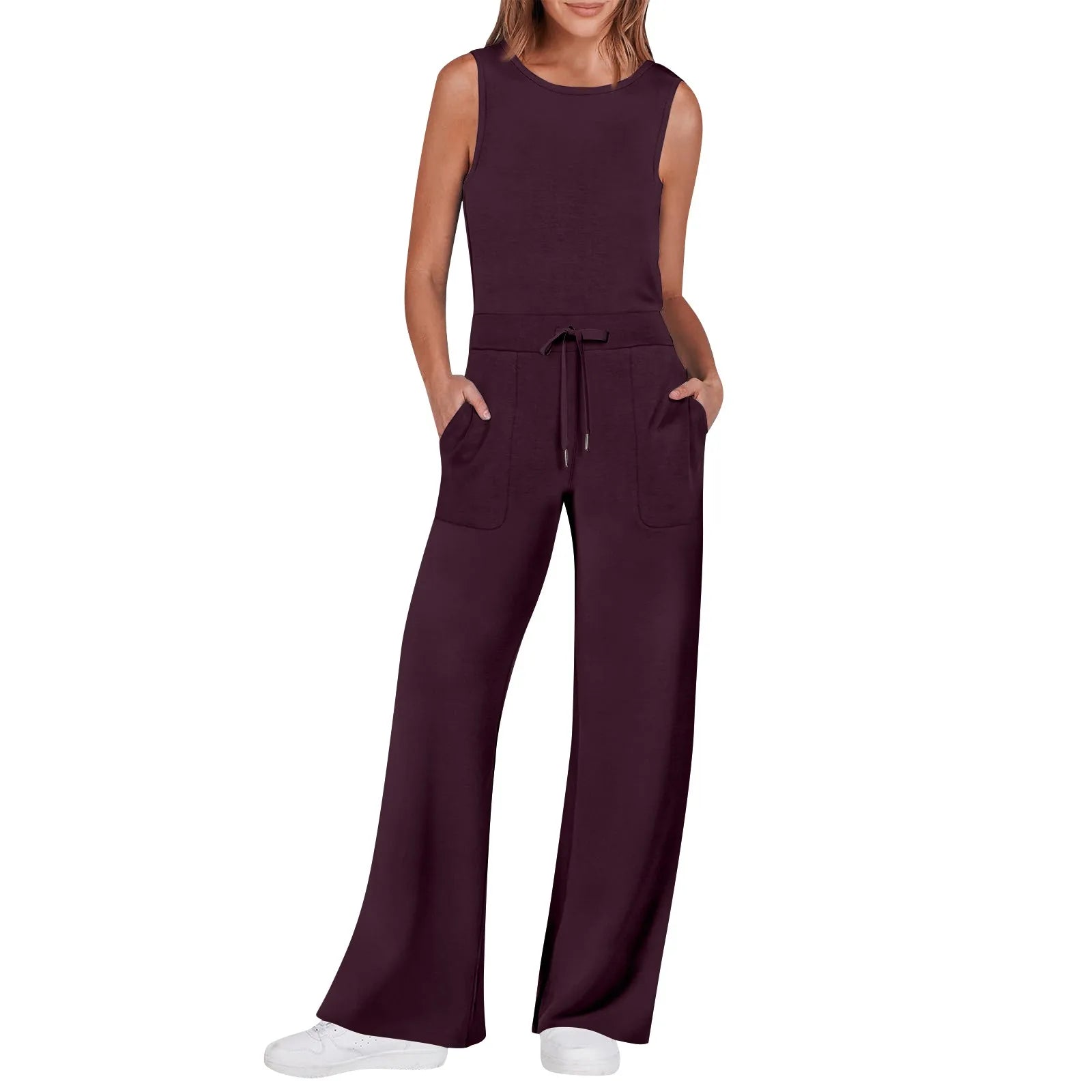Women's Sleeveless Solid Color Casual Jumpsuit with Drawstring Waist Pockets Straight Leg Thin Commuting Outfit