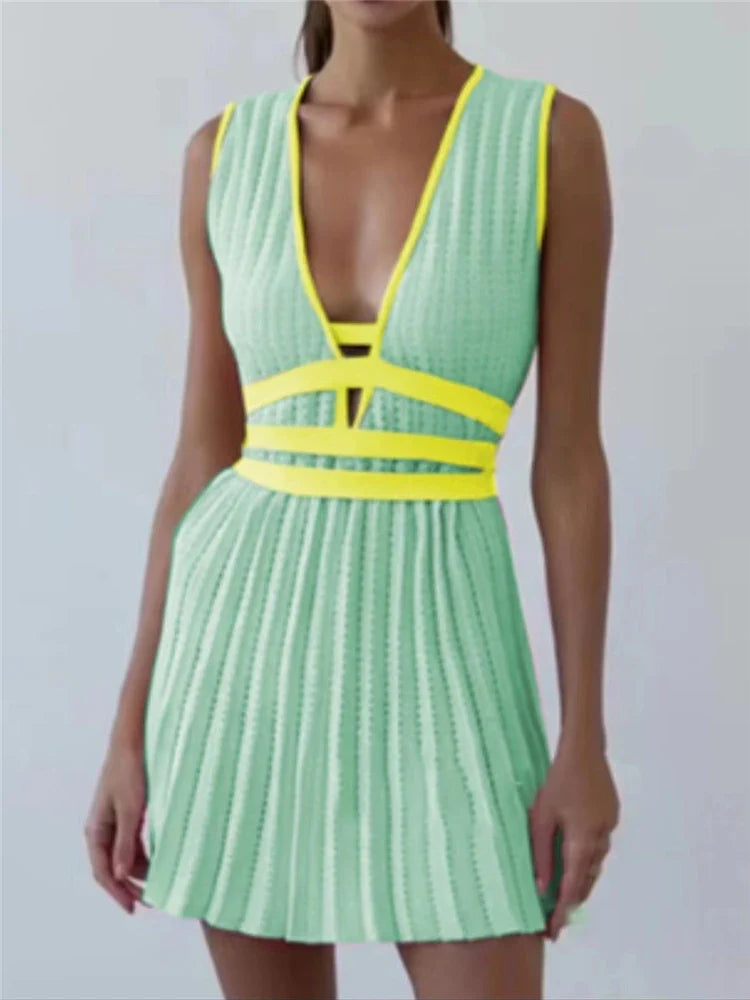 Summer V Neck Knit Dress For Women Sleeveless High Waist